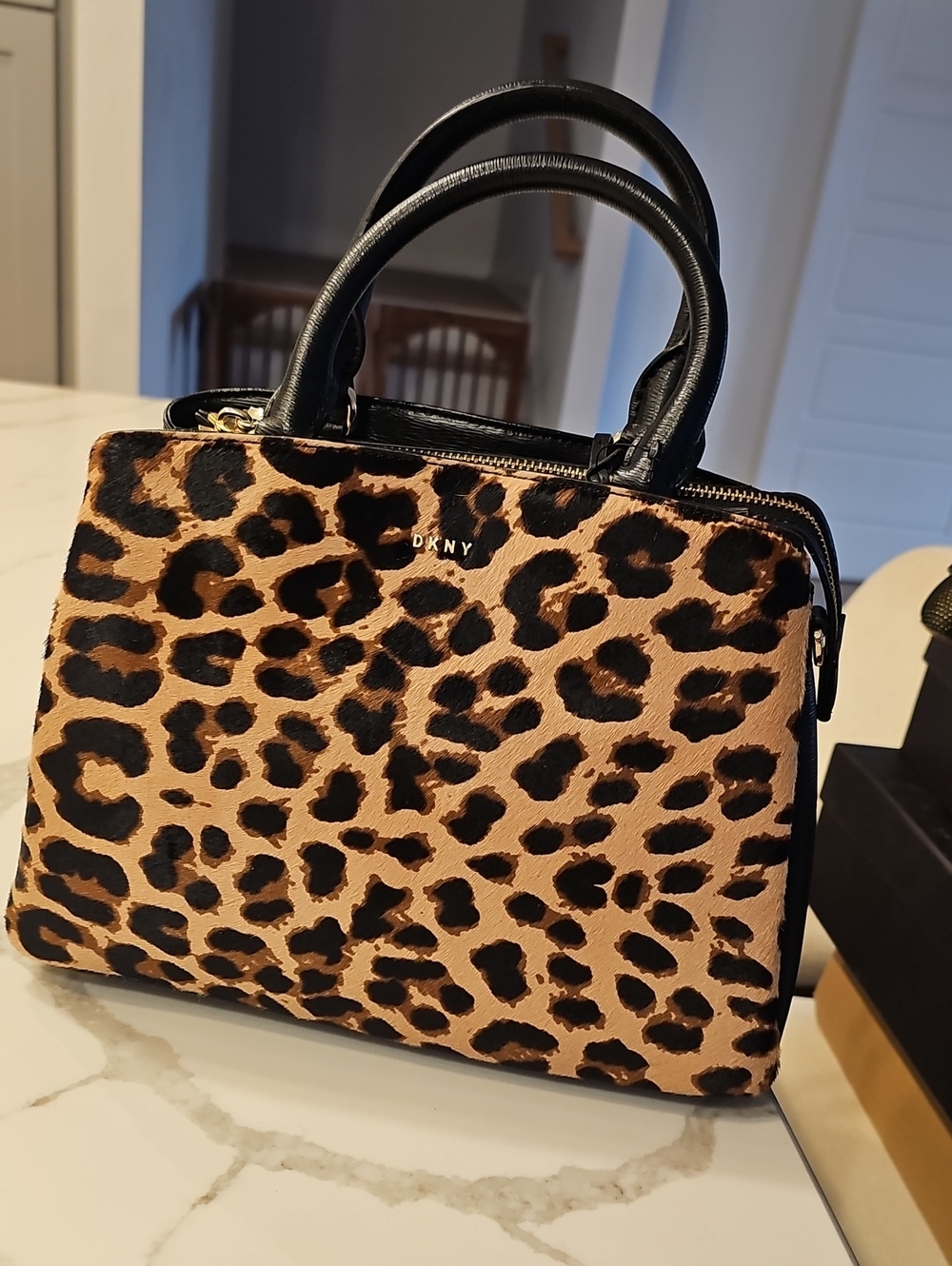 DKNY Leopard Print Satchel in Tan & Black